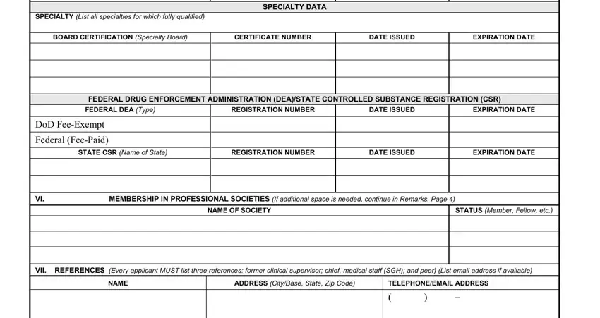 Specialty data and board certification section in AF Form 1540