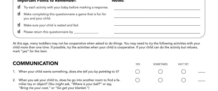 SOMETIMES, NOT YET, and At this age many toddlers may not inside 18 month questionnaire asq