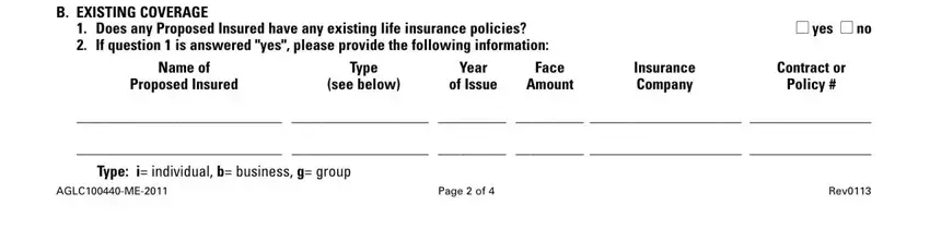 Existing coverage section in AIG Reinstatement Application for Life Insurance form