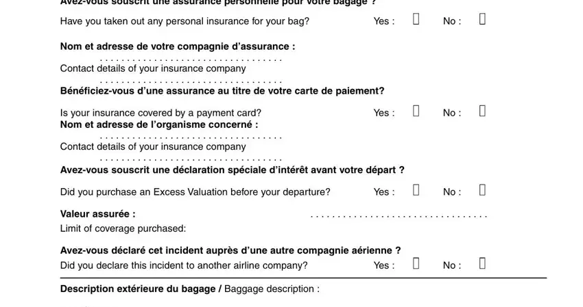 Insurance section of the Air France inventory form - Assurance fields