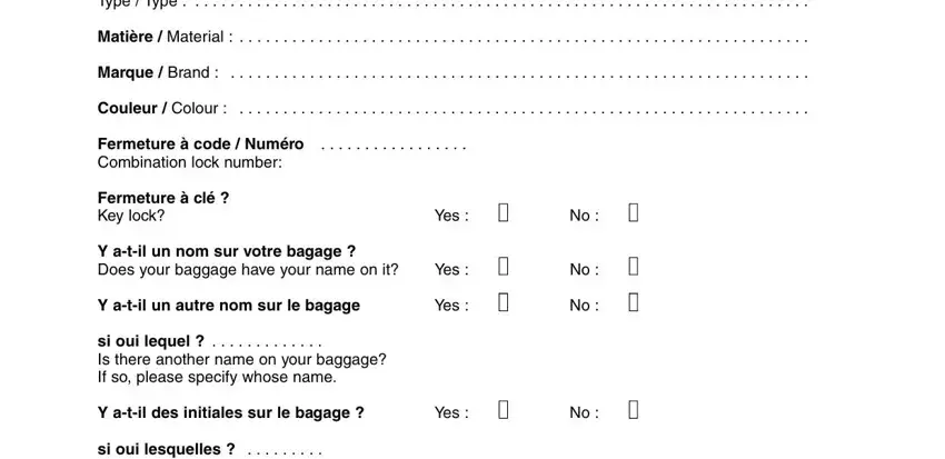 Bag description section of the Air France form - type material brand color fields