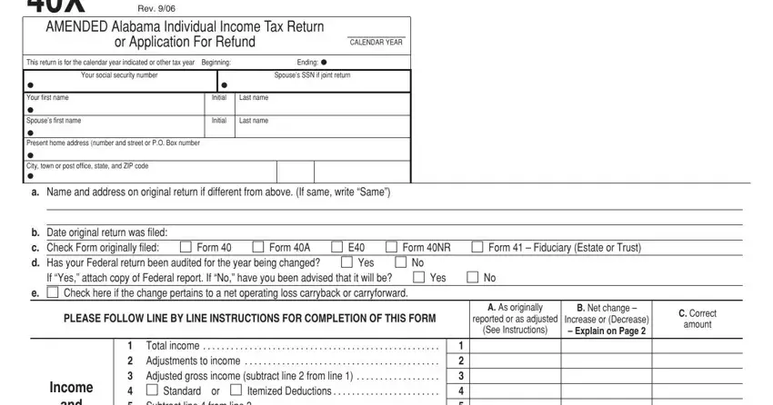 Alabama Form 40X - taxpayer identification and tax year section