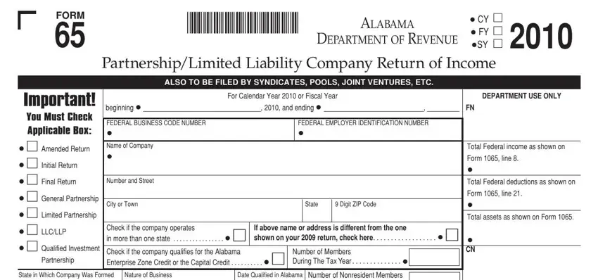 Step 1 for filling in Alabama Form 65 NONBUSINESS section