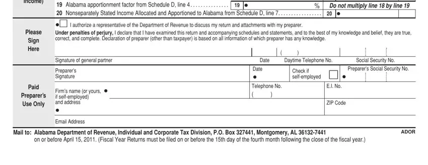 Step 3 for signing Alabama Form 65 Partnership Return