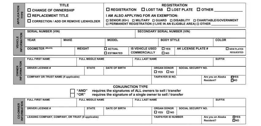 Alaska Form 812 vehicle information section showing VIN and title application fields