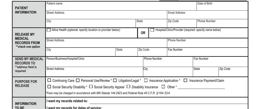 Filling in patient information on the Allina health release of information form