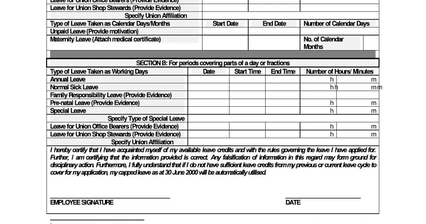 Entering updated leave dates and amendment reason on the form