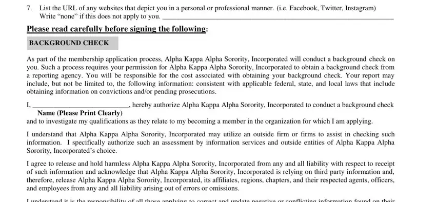 Background check section of the Alpha Kappa Application Form