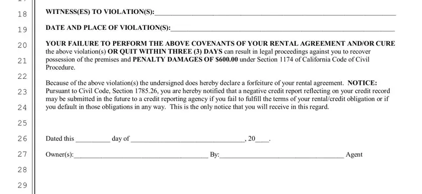 How to fill out the violations and owner sections