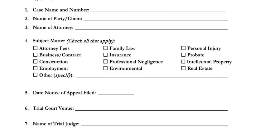Filling in party names and case number on the appellate screening form
