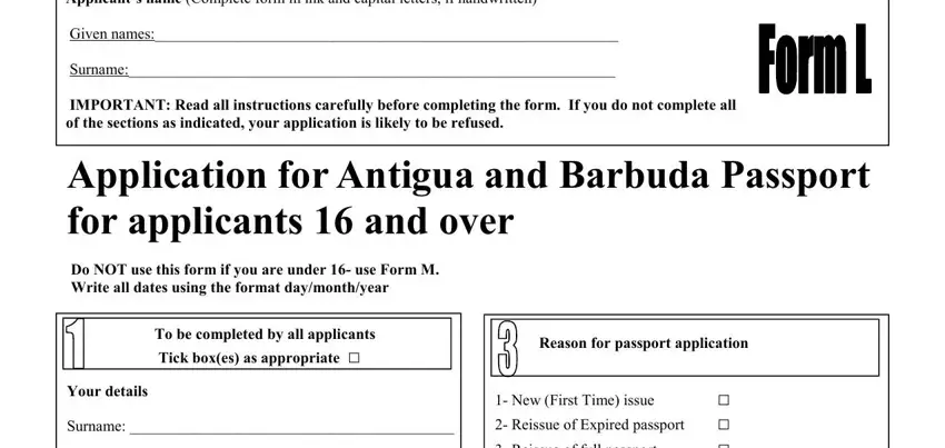 Section 1 of the Antigua passport form showing personal details fields