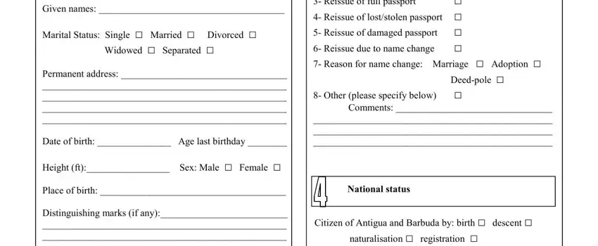 Section 2 of the Antigua and Barbuda passport form showing citizenship and identity fields