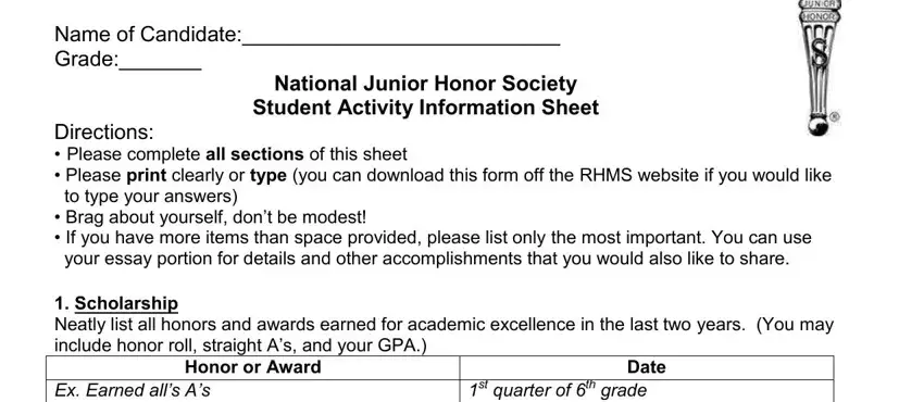 The best way to fill in application junior honor society portion 3