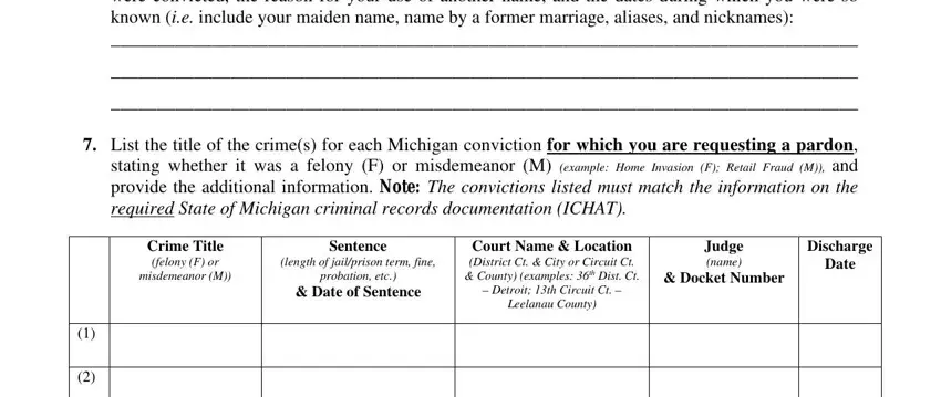 Completing the conviction details section of the Michigan probation pardon form