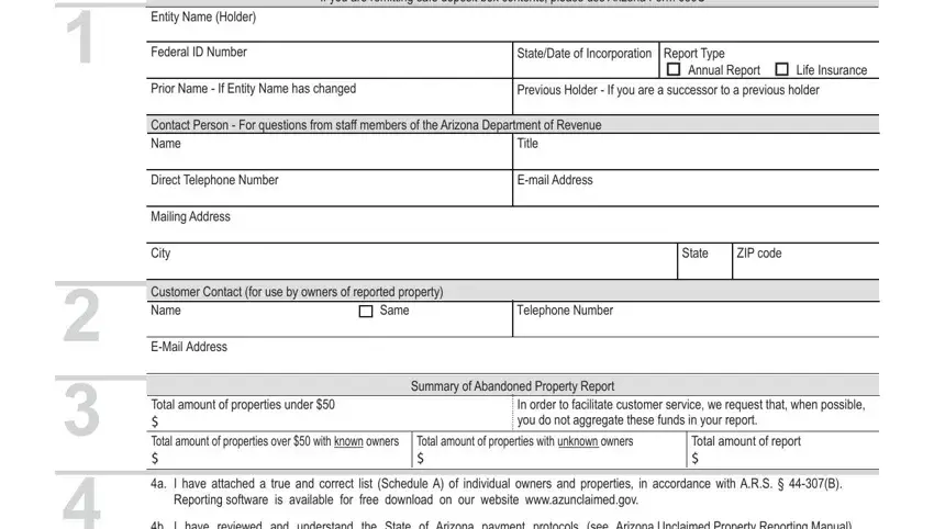 Arizona Form 650A holder information and property summary sections