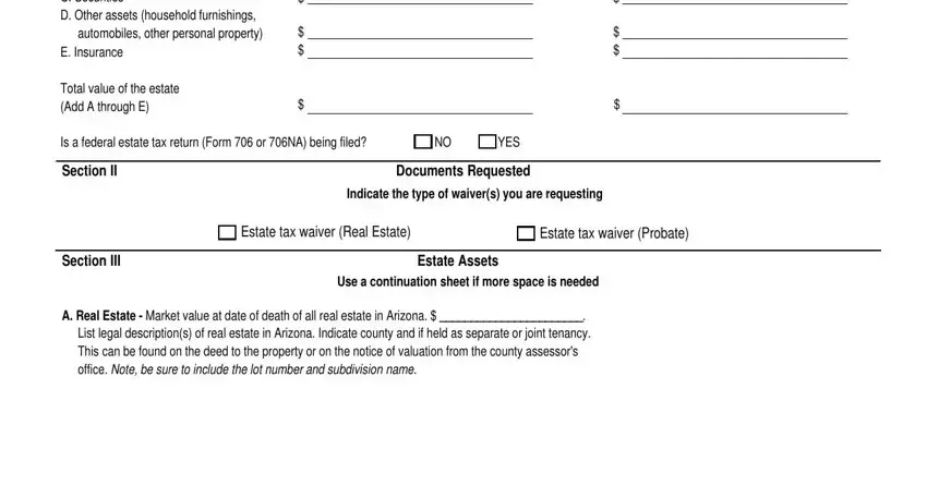 Estate Assets, Total value of the estate Add A, and A Real estate B Bank deposits C of Arizona Form 74