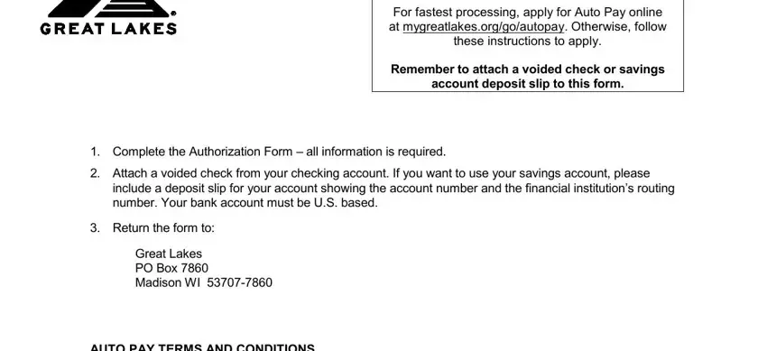 Auto authorization form Section 1 showing borrower name and Great Lakes ID fields