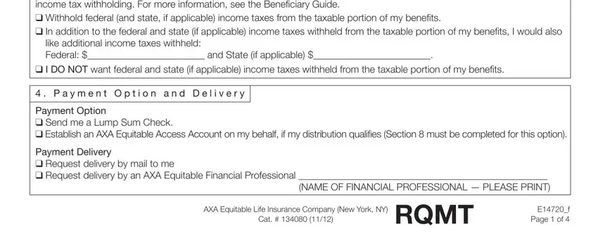 AXA Distribution Form tax withholding and payment option section
