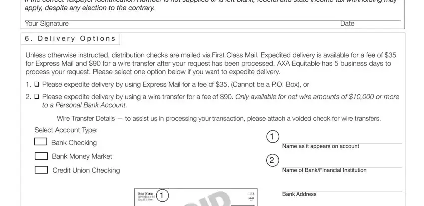 AXA Distribution Form delivery options and bank account details