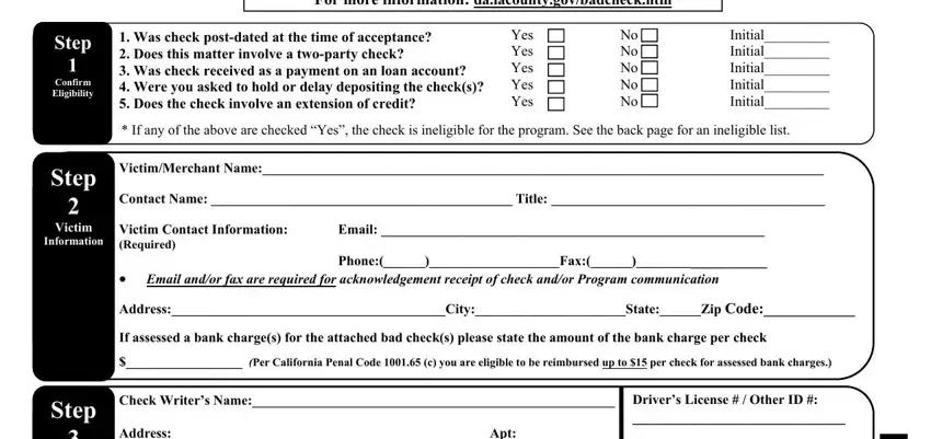 How to complete bad check complaint form step 1 - victim and check information