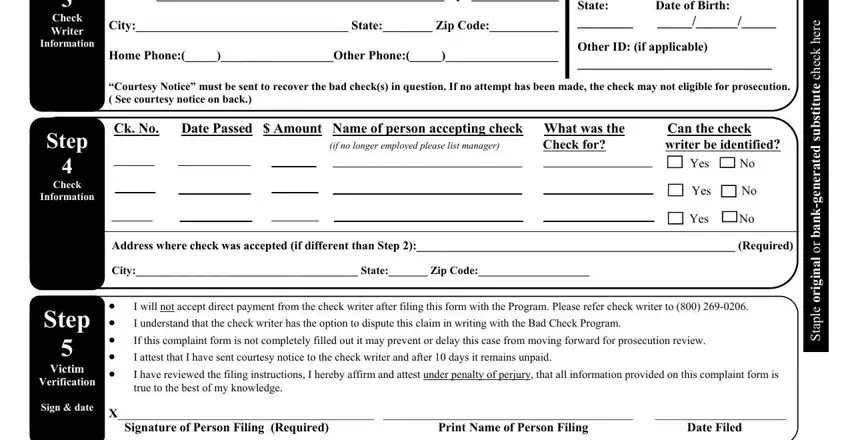 Step 2 of the bad check complaint form - check writer details and courtesy notice