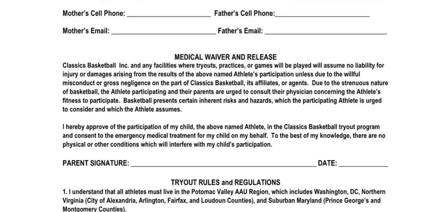Basketball tryout registration form fields - athletic background section