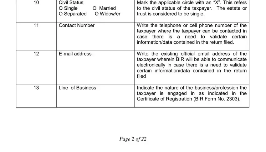 Civil status and Line of Business fields in the annual income tax return form