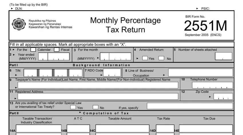 BIR Form 2551M page 1 showing taxpayer information fields and filing period