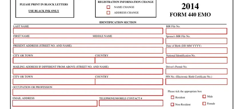 Registration section of the BIR 440 EMO form showing fields for BIR file number and personal details