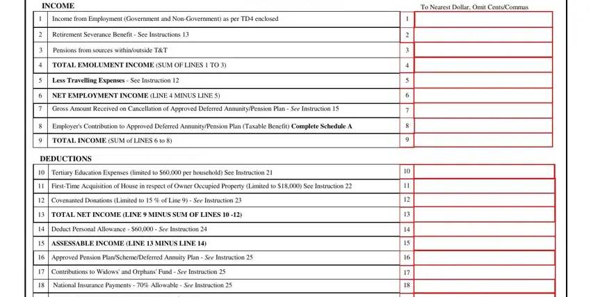 Income and deductions section of the BIR 440 EMO form for calculating net employment income