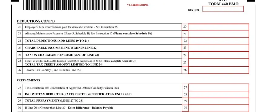 Deductions and chargeable income calculation area of the BIR 440 EMO form