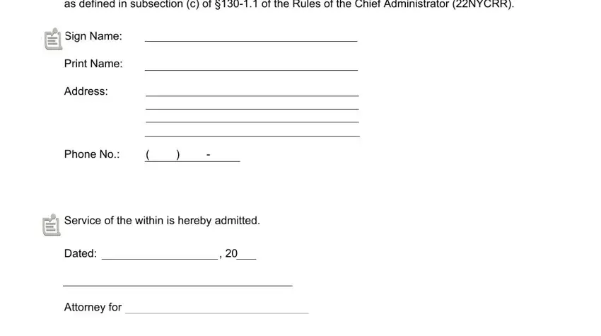 Attorney signature and service admission section on the blue back litigation cover