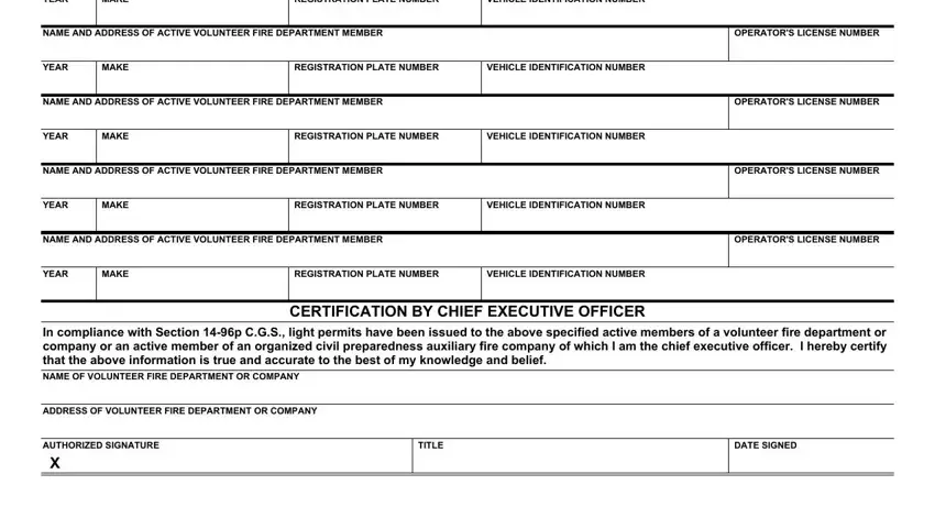 Vehicle details section of CT blue light permit form showing year, make, and registration plate fields