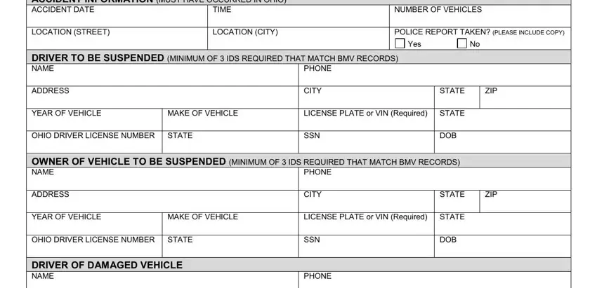 First section of the crash report form with personal details and accident location fields
