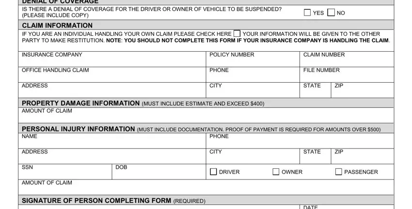 Denial of coverage and claim information section of the form