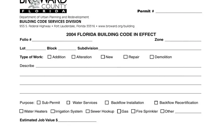 Filling in section 1 of the Broward Form 503 147 plumbing permit application