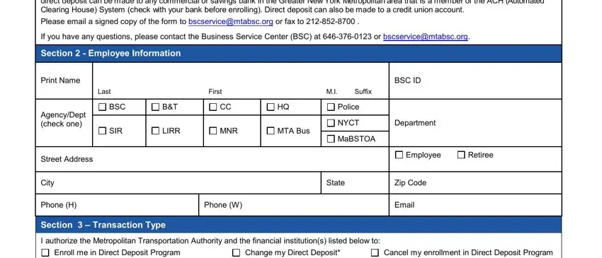 Opening the MTA direct deposit payroll authorization in the online PDF editor