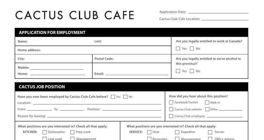 Cactus Club Cafe application - personal information and eligibility fields