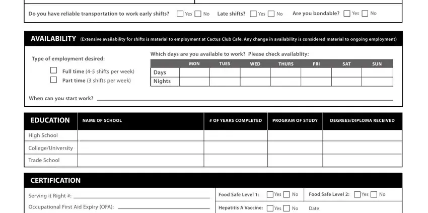 Availability and work preference fields in the restaurant hiring application