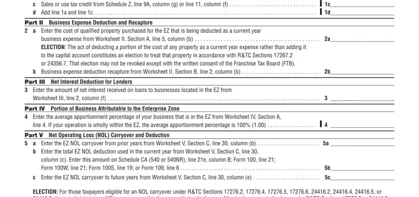 Business expense deduction and EZ income allocation sections of California Form 3805Z