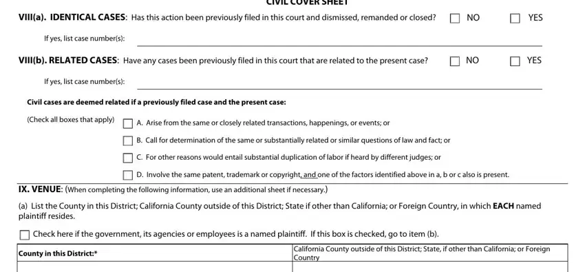 Sections VIII and IX for related cases and venue on California Form CV-71