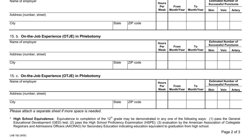 Name of employer, Name of employer, and City of California Form Lab 182