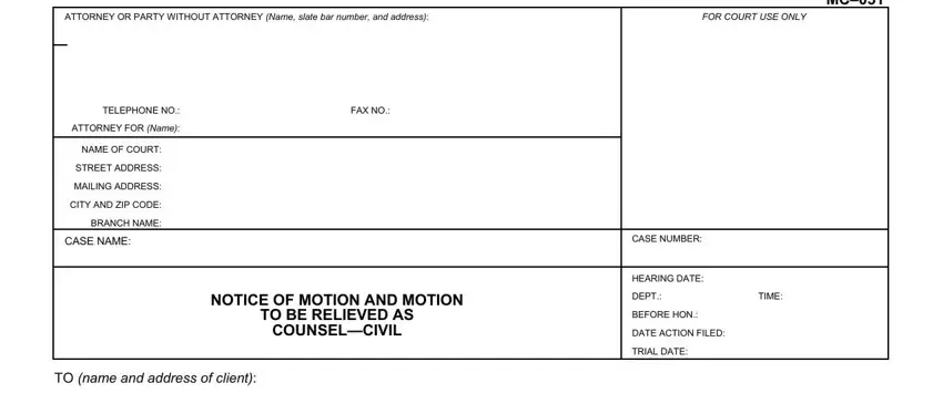 California Motion Form MC-051 attorney and case information section (step 1)