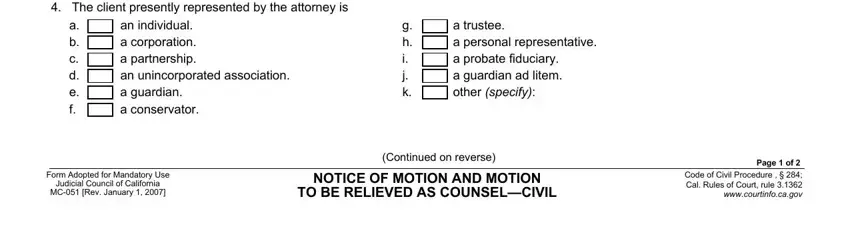 California Motion Form MC-051 client role and representation type section (step 3)