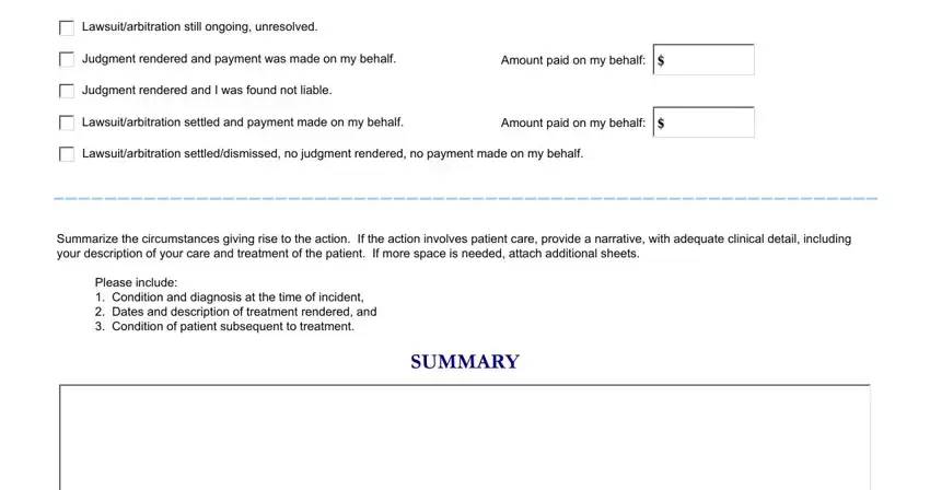California Participating Practitioner form - lawsuit summary and outcome section