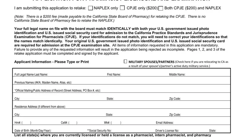 California Retake Form step 3: selecting examination type for NAPLEX or CPJE