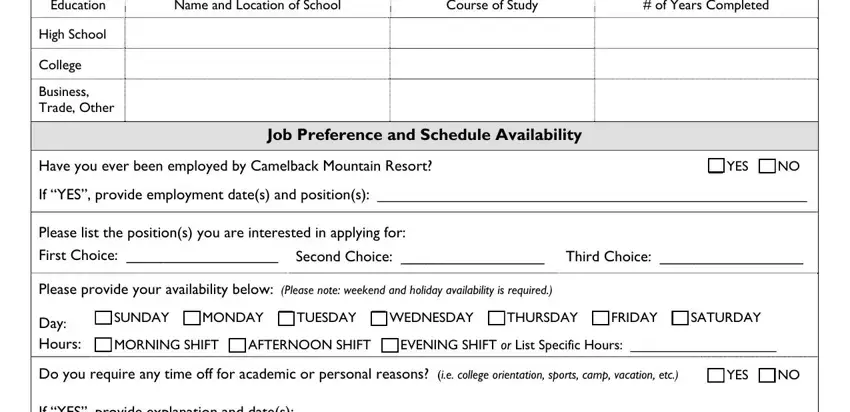 Education and job preference section of the Camelback Employment Application form