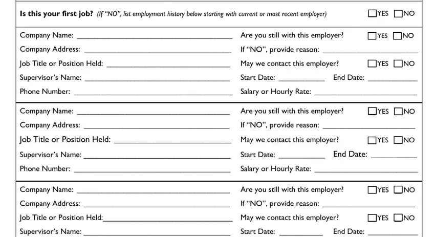 Employment history and skills section of the Camelback Employment Application form