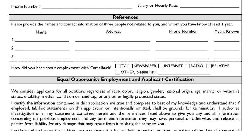 References and equal opportunity section of the Camelback Employment Application form
