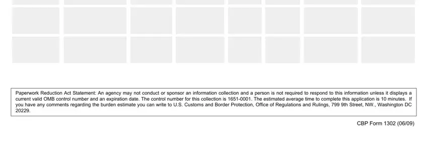 CBP Form and Paperwork Reduction Act Statement fields in CBP Form 1302